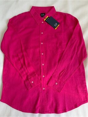 GAP Women’s Linen Blend Hot Pink Long-Sleeve Button-Down Shirt